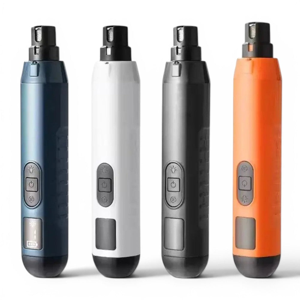 Coupe-griffes électrique Esprit Chat sans fil avec éclairage LED, disponible en bleu, blanc, gris et orange.