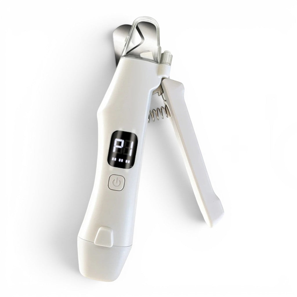 Coupe-ongle électrique Esprit Chat blanc avec écran LED, lumière intégrée et lames en acier inoxydable pour animaux.