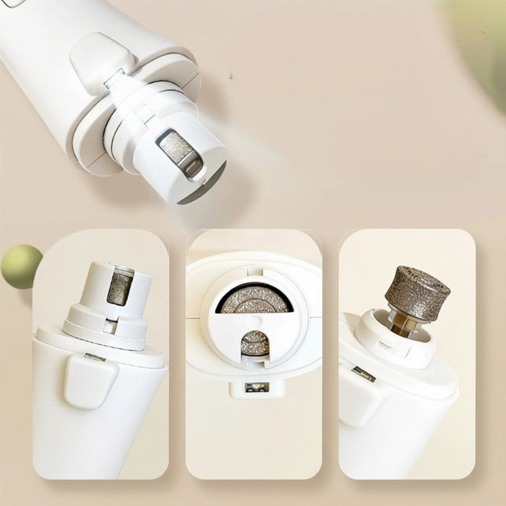 Coupe-ongle électrique Esprit Chat blanc avec lumière LED, tête de meulage diamantée et compartiment de récupération.