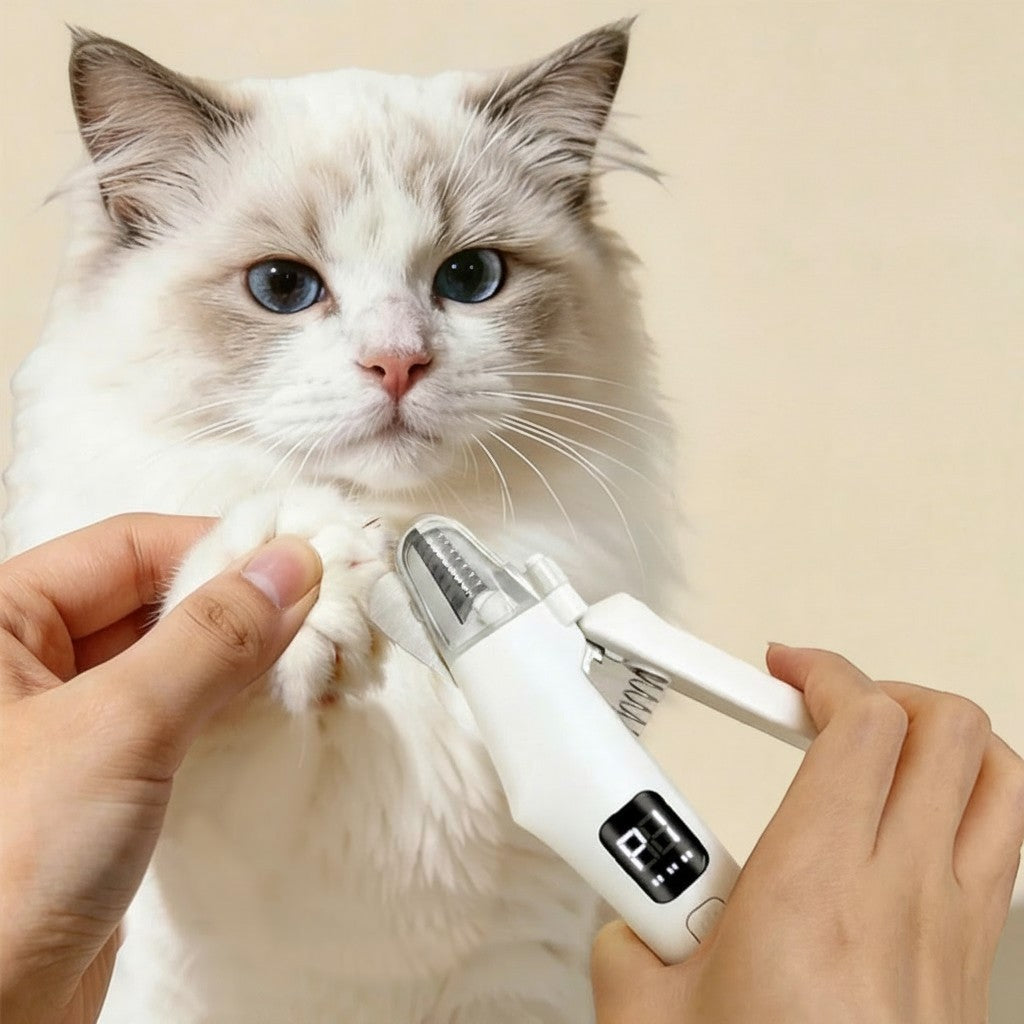 Coupe-ongle électrique Esprit Chat blanc avec écran LED pour couper et limer les griffes de chat en toute sécurité