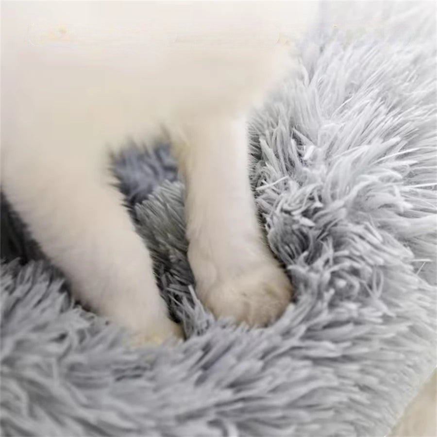 Coussin rond en fausse fourrure gris pour chat, doux et confortable, par Esprit Chat