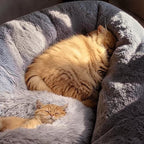 Esprit Chat coussin rond en fausse fourrure pelucheuse pour chat, disponible en rose, vert menthe et gris.