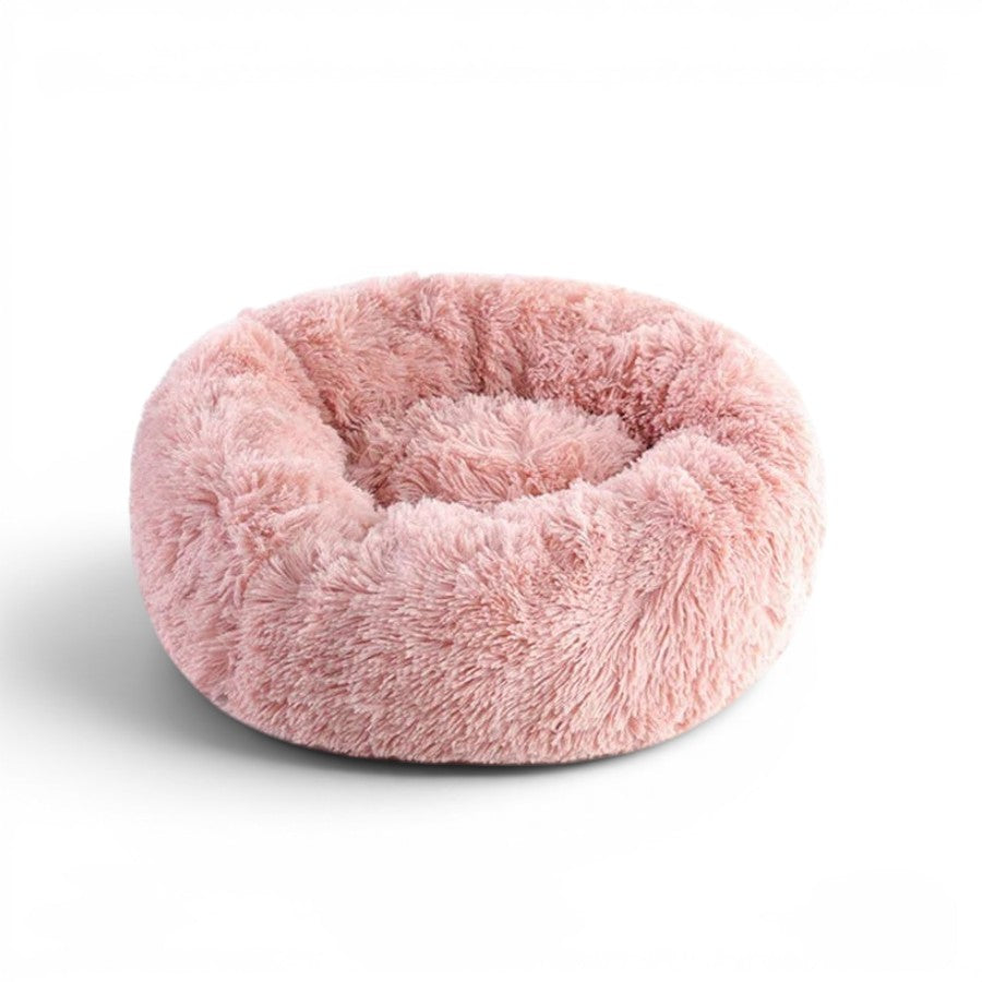 Coussin rond en fausse fourrure rose Esprit Chat, ultra doux et confortable pour chats et petits chiens.