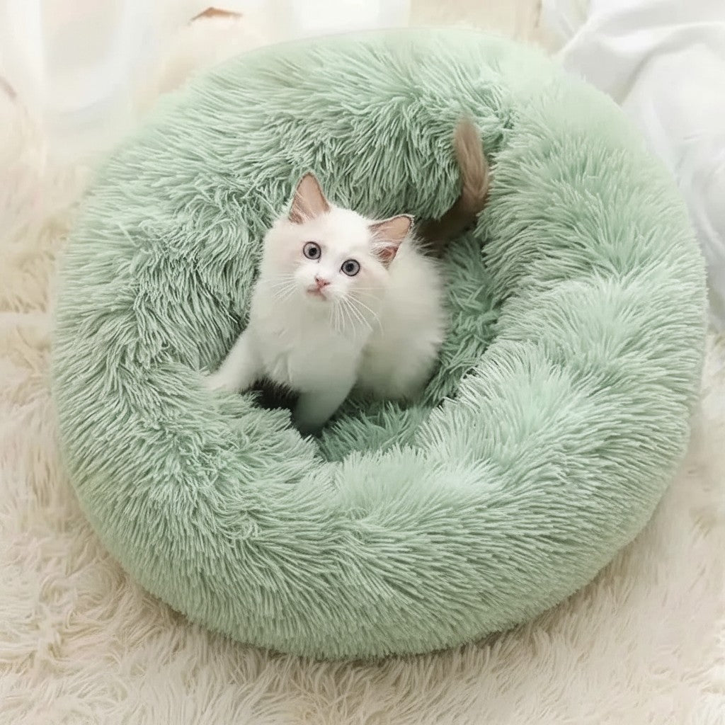 Esprit Chat Coussin rond en fausse fourrure vert menthe pour chat, ultra doux et confortable, lavable en machine.