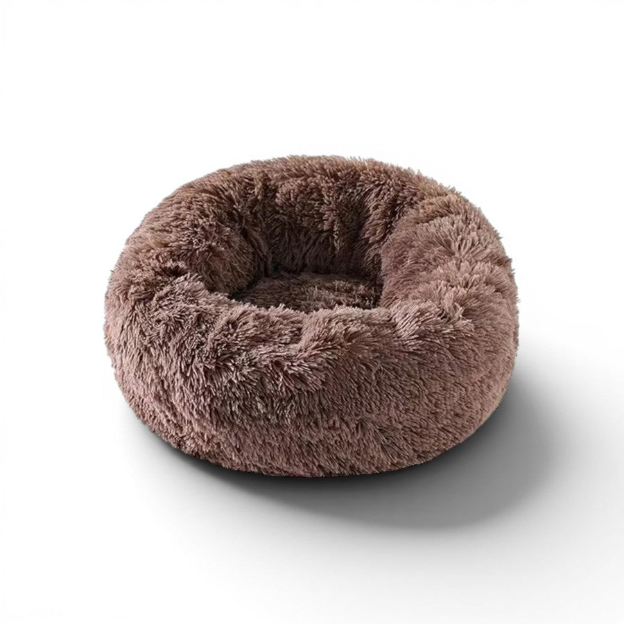 Esprit Chat Coussin rond en peluche marron pour chat, fausse fourrure douce et confortable.