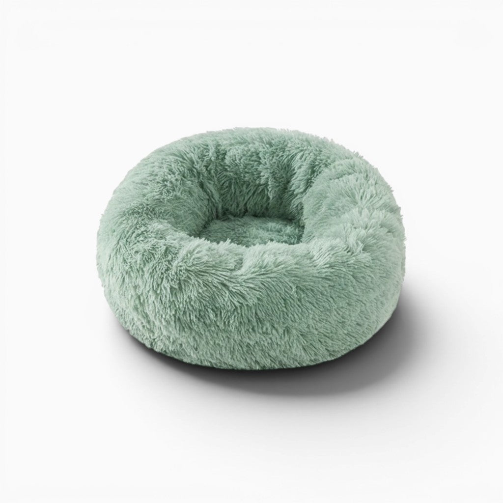 Coussin rond en peluche vert menthe pour chat Esprit Chat, ultra doux et confortable.