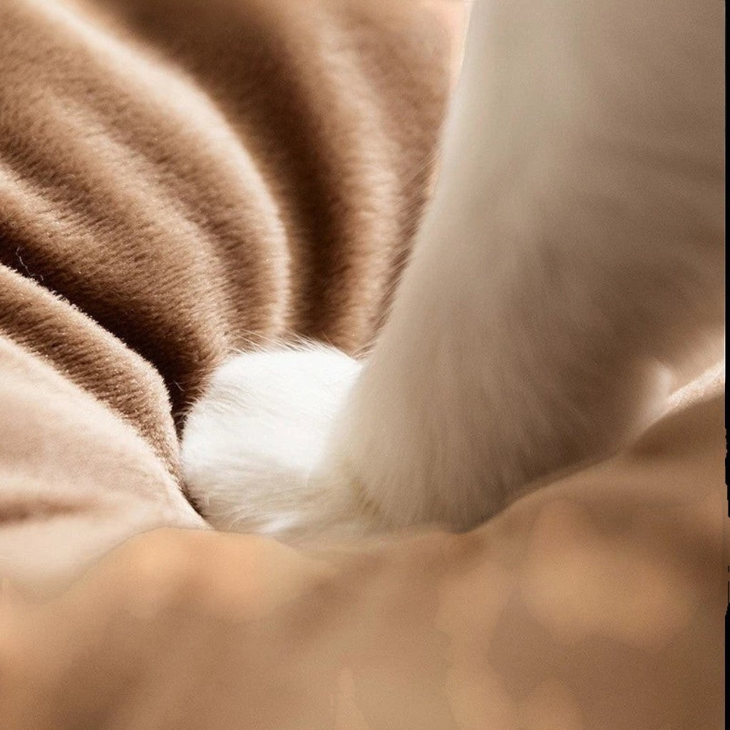 Patte de chat blanche enfoncée dans un coussin en peluche marron doux de la marque Esprit Chat