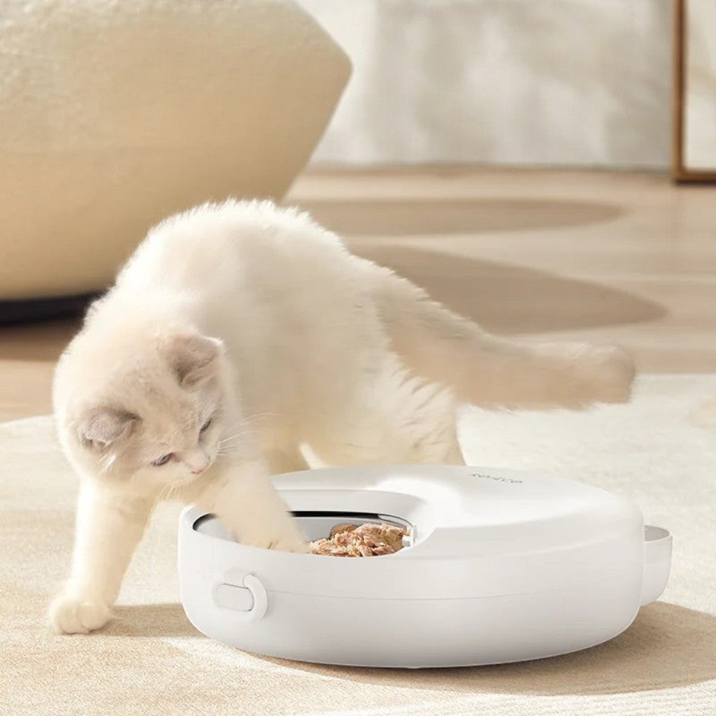 Distributeur automatique de croquettes Esprit Chat blanc avec sécurité anti-coincement pour chat