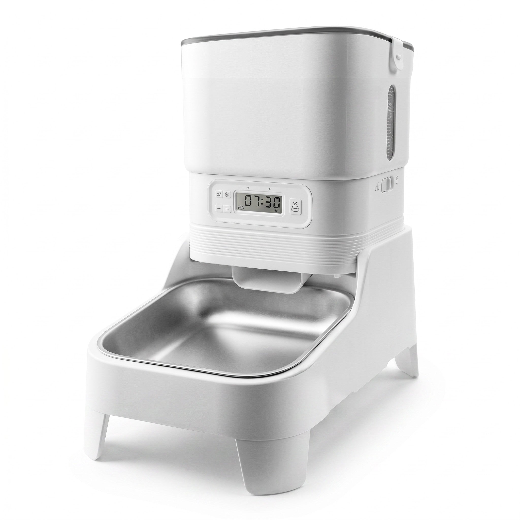 Distributeur automatique de croquettes Esprit Chat blanc avec bol en acier inoxydable et écran de programmation