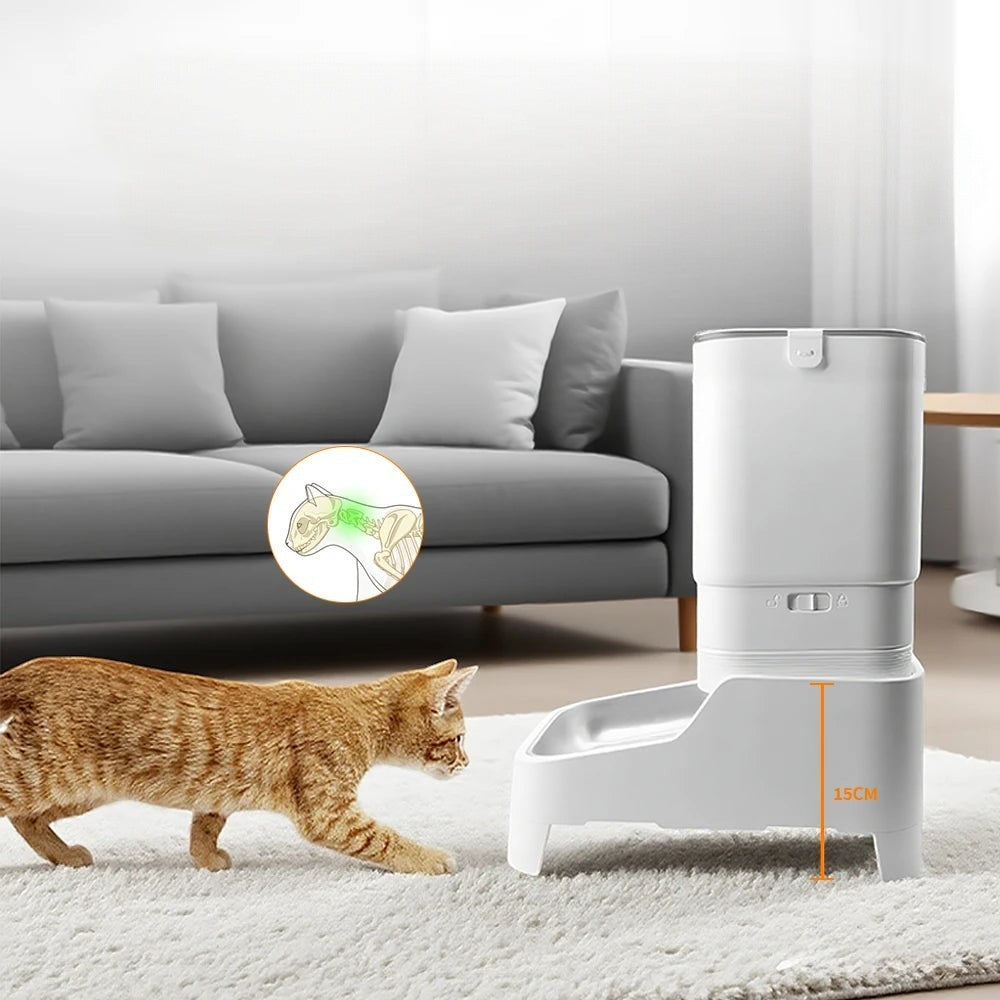Distributeur automatique de croquettes Esprit Chat blanc avec support surélevé de 15 cm pour le confort des chats