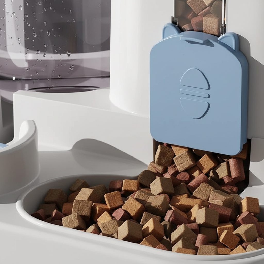 Distributeur automatique Esprit Chat en plastique blanc et bleu avec croquettes pour chat