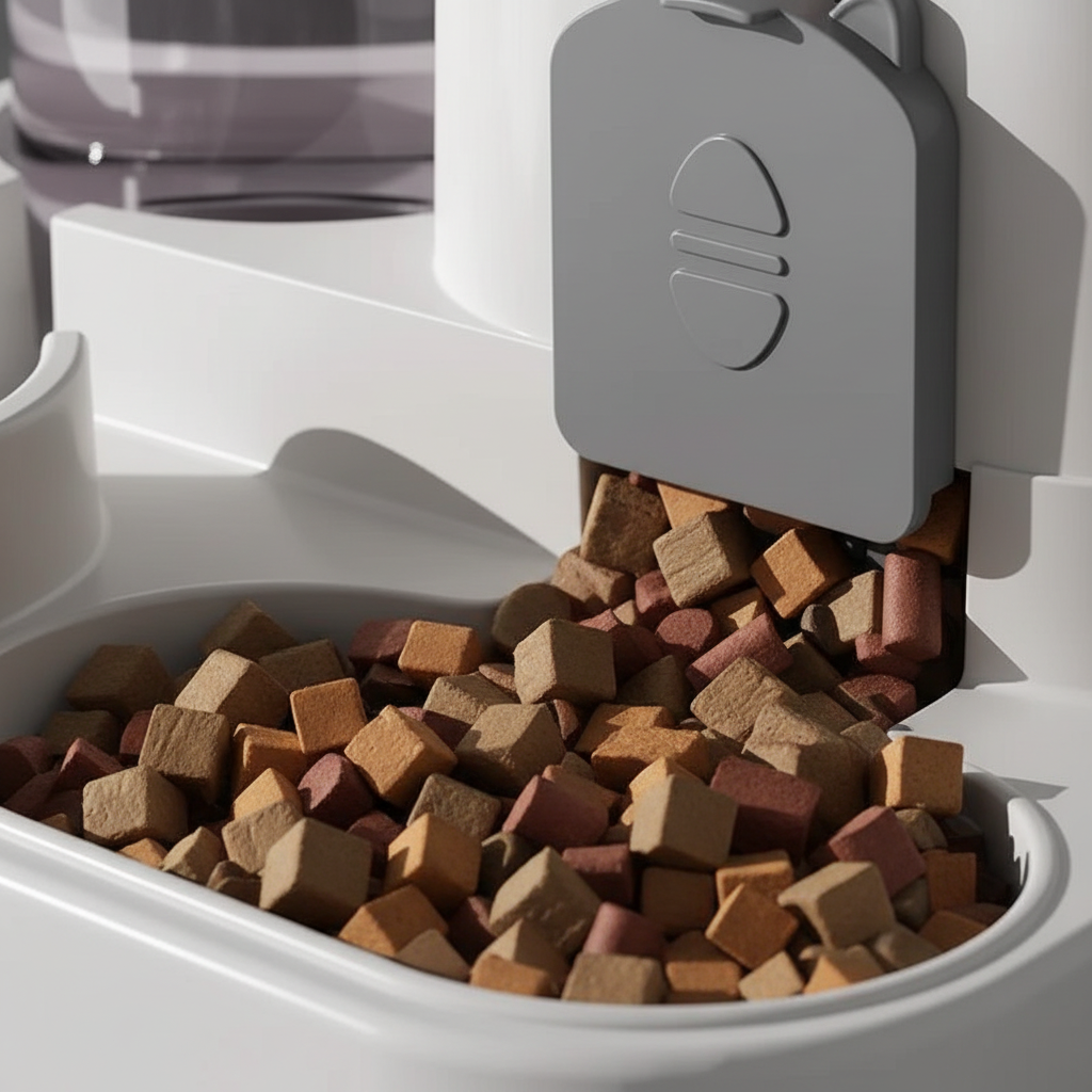 Distributeur automatique de nourriture Esprit Chat en plastique blanc avec croquettes dans le bol