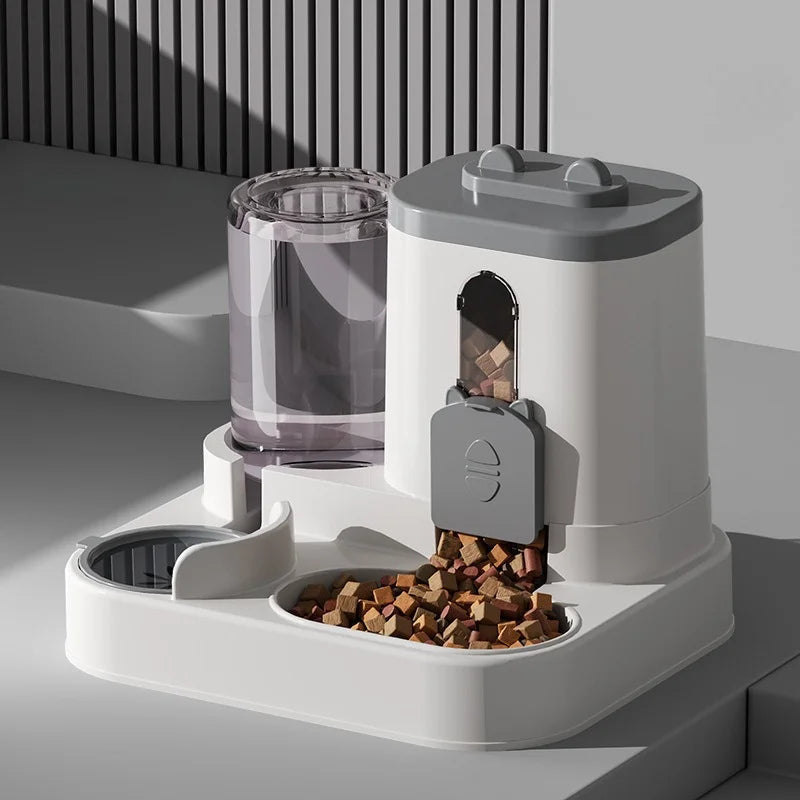 Distributeur automatique de nourriture et eau Esprit Chat en plastique gris et blanc pour animaux