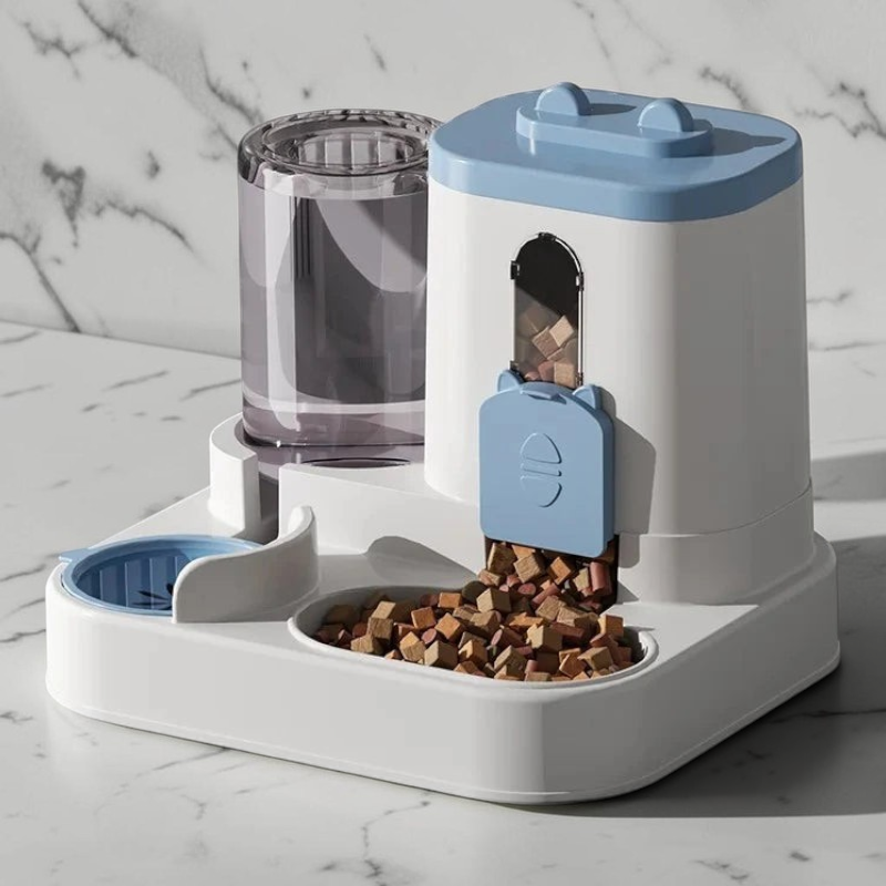 Distributeur automatique Esprit Chat en plastique blanc et bleu avec réservoirs pour croquettes et eau pour animaux