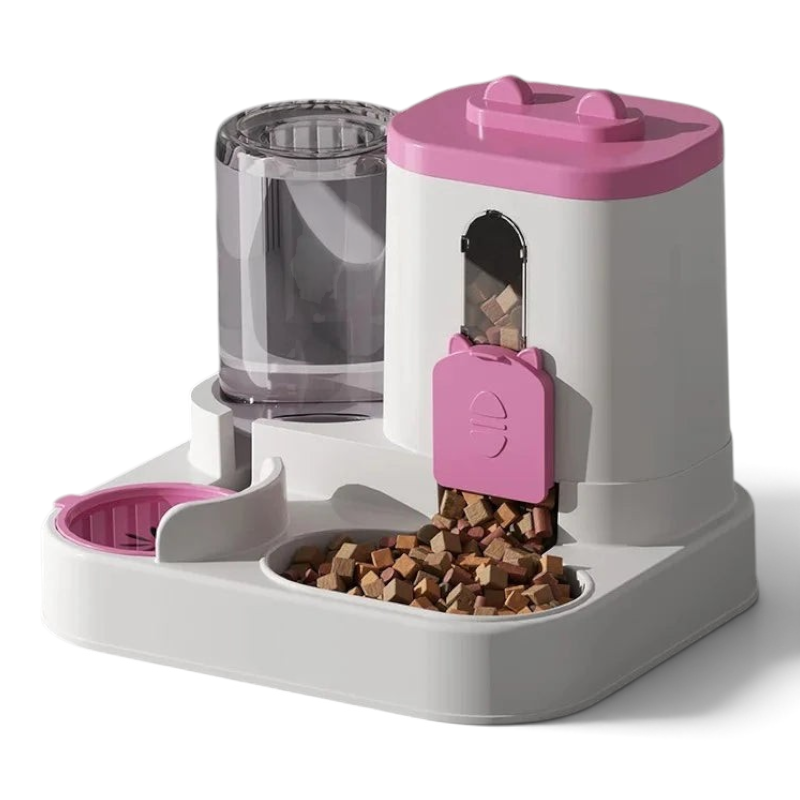 Distributeur automatique de nourriture et eau Esprit Chat en plastique blanc et rose avec réservoir par gravité
