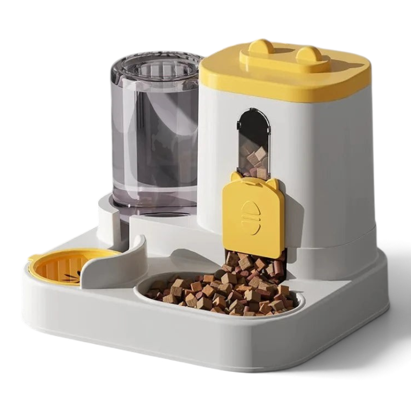 Distributeur automatique de nourriture et eau Esprit Chat en plastique gris et jaune avec réservoir par gravité