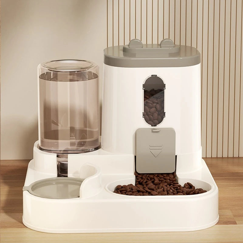 Distributeur automatique de nourriture et eau Esprit Chat en plastique blanc et gris avec réservoirs par gravité