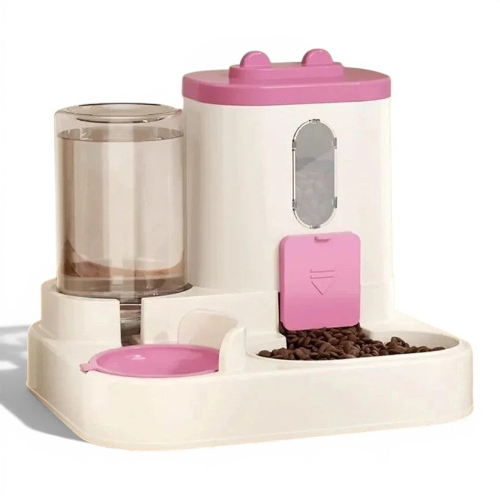 Distributeur de nourriture et eau 2 en 1 Esprit Chat en plastique rose et blanc avec système par gravité pour animaux