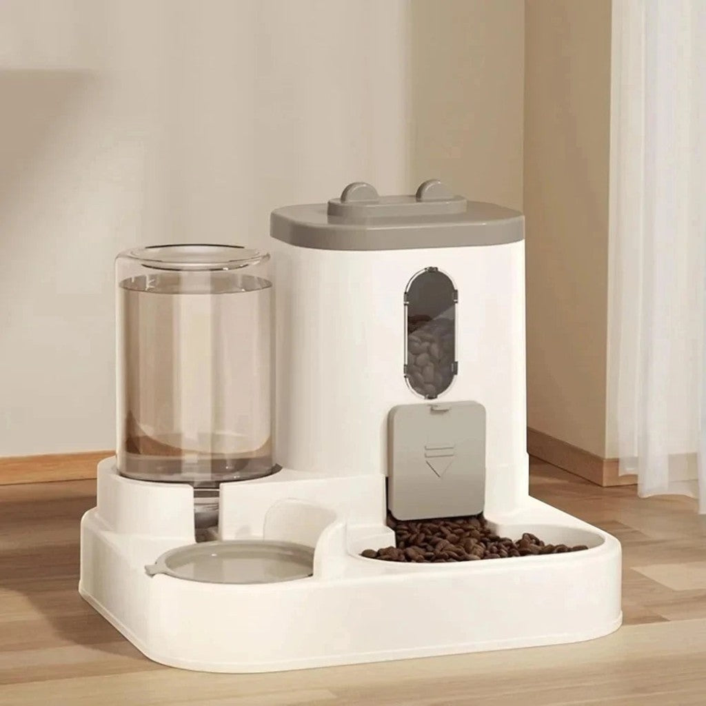 Distributeur de nourriture et eau 2 en 1 Esprit Chat en plastique blanc avec réservoir par gravité pour animaux