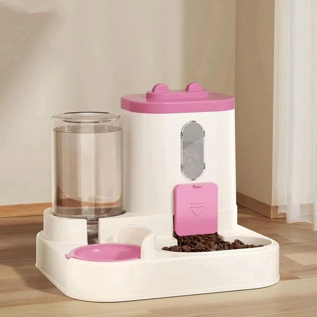 Distributeur automatique Esprit Chat 2 en 1 rose et blanc avec réservoir d'eau et bol de croquettes par gravité