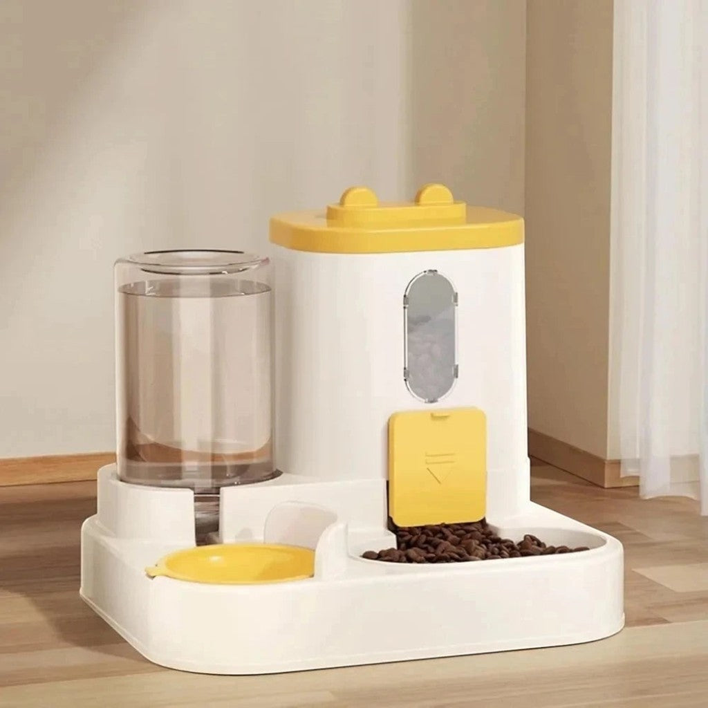 Distributeur Esprit Chat 2 en 1 automatique par gravité avec bol d'eau et réservoir de croquettes en plastique blanc et jaune