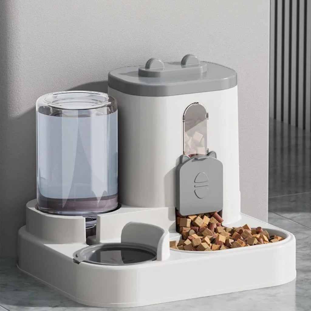 Distributeur de nourriture et eau 2 en 1 Esprit Chat en plastique blanc et gris pour chiens et chats