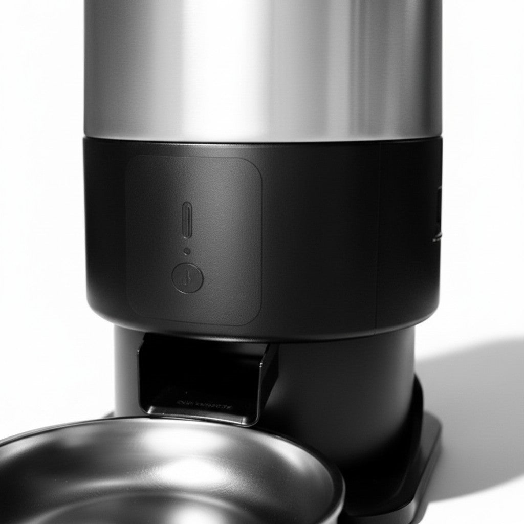 Distributeur automatique de croquettes Esprit Chat cylindrique en acier inoxydable et plastique noir avec bol