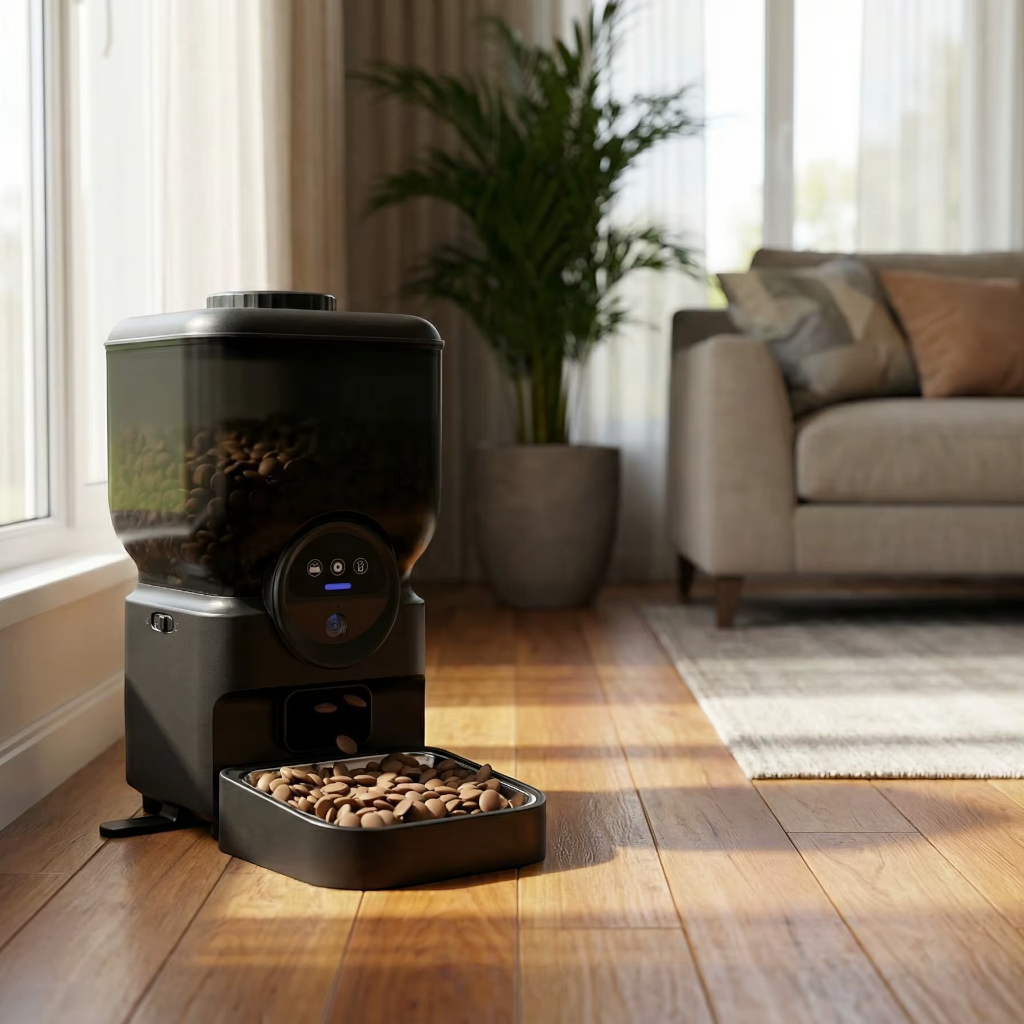 Distributeur de croquettes automatique Esprit Chat noir avec réservoir grande capacité dans un salon lumineux