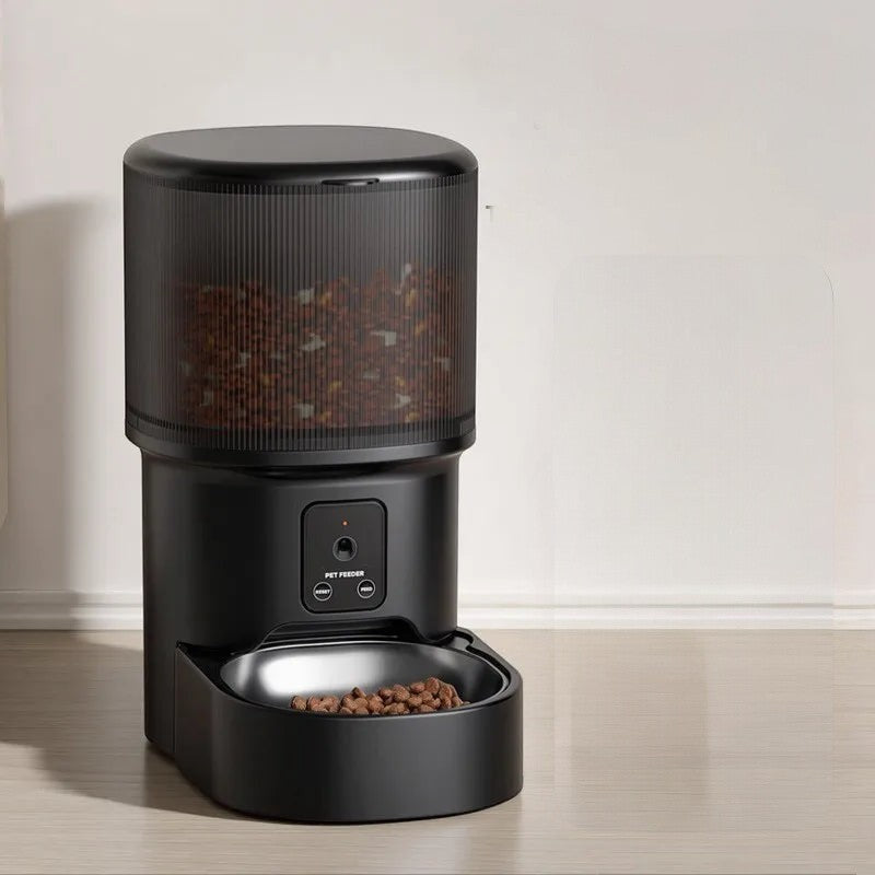 Distributeur automatique de croquettes Esprit Chat noir avec écran LCD et réservoir cylindrique pour chat