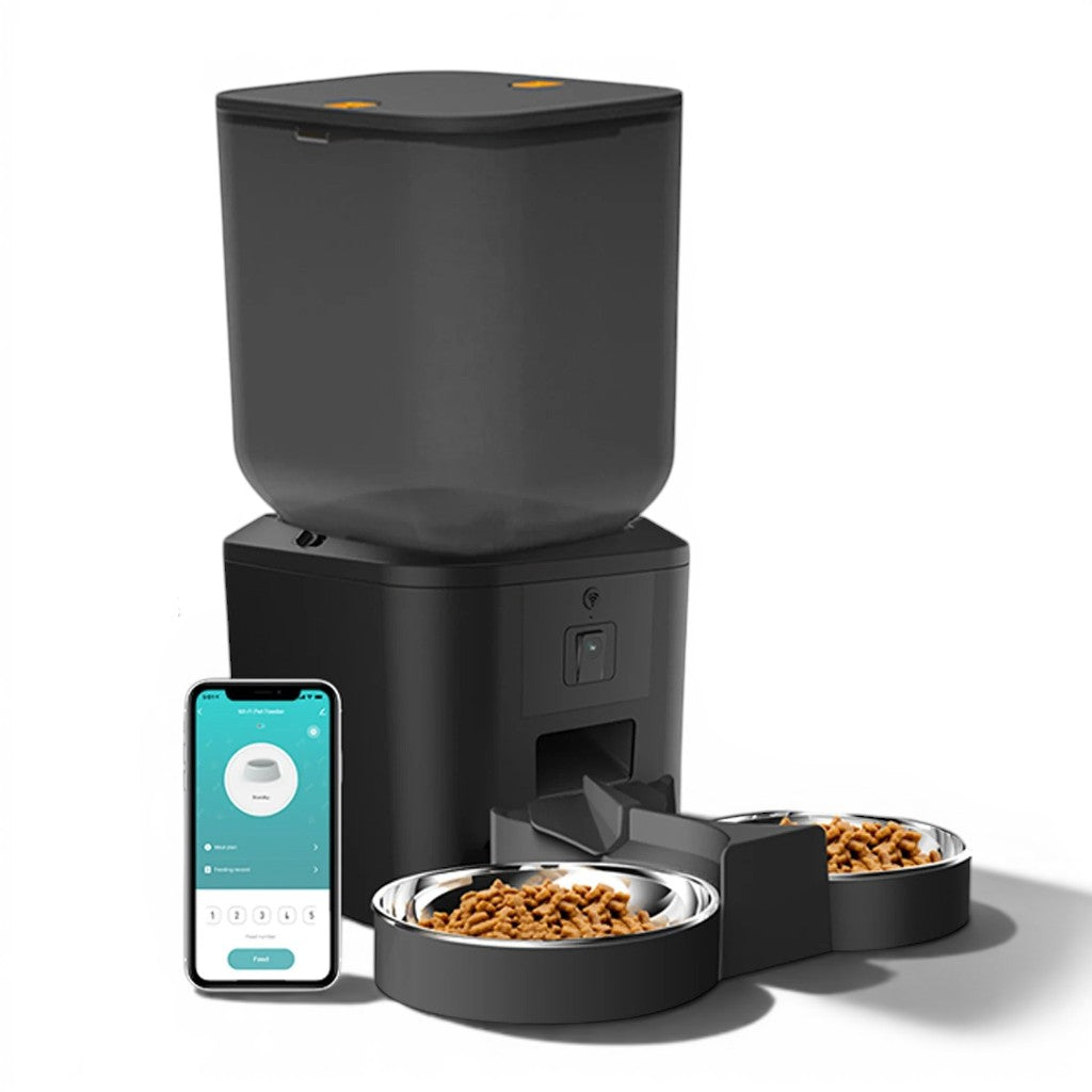 Distributeur automatique de croquettes Esprit Chat 8L noir avec caméra HD, bols en inox et contrôle via application mobile