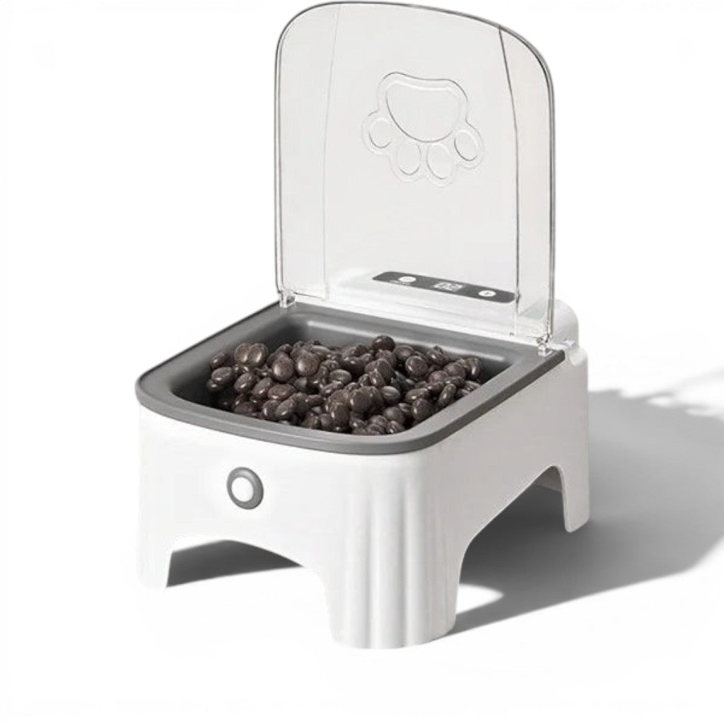 Distributeur de croquettes automatique Esprit Chat en plastique blanc avec couvercle transparent et motif patte