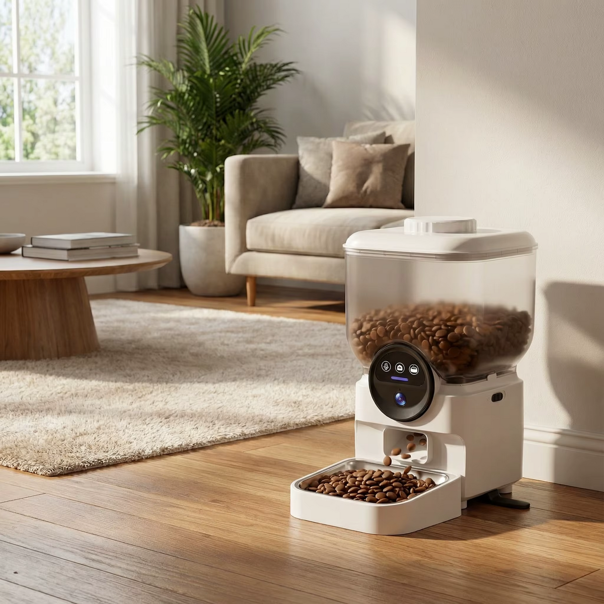 Distributeur de croquettes automatique Esprit Chat blanc avec réservoir transparent dans un salon moderne