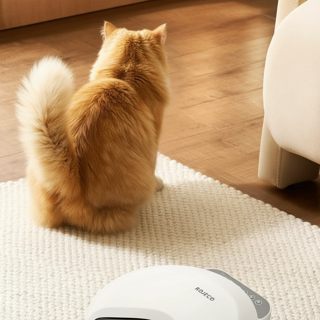 Distributeur automatique de croquettes ROJECO pour chat sur un tapis blanc avec un chat roux assis à côté