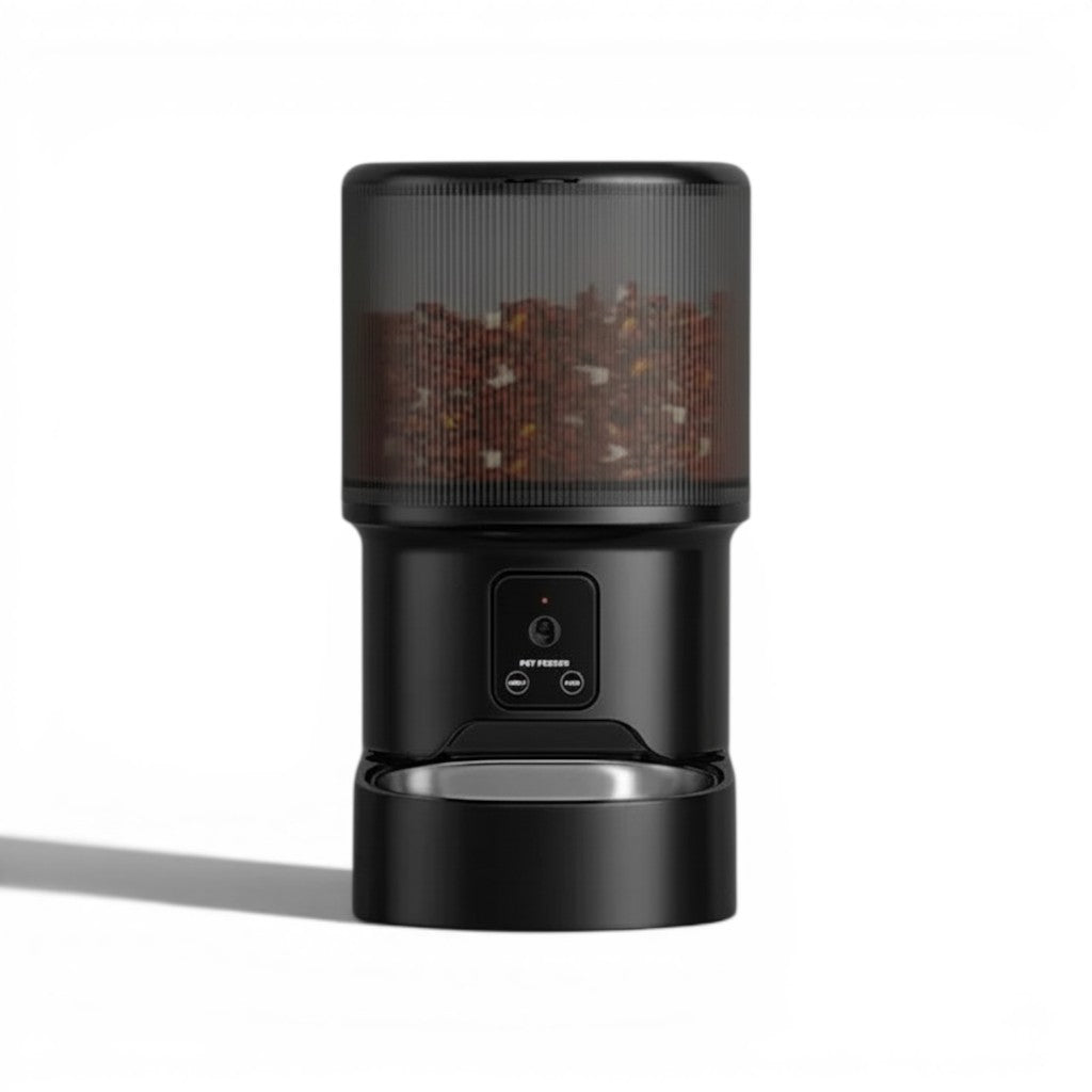 Distributeur automatique de croquettes Esprit Chat noir avec réservoir cylindrique transparent et écran LCD