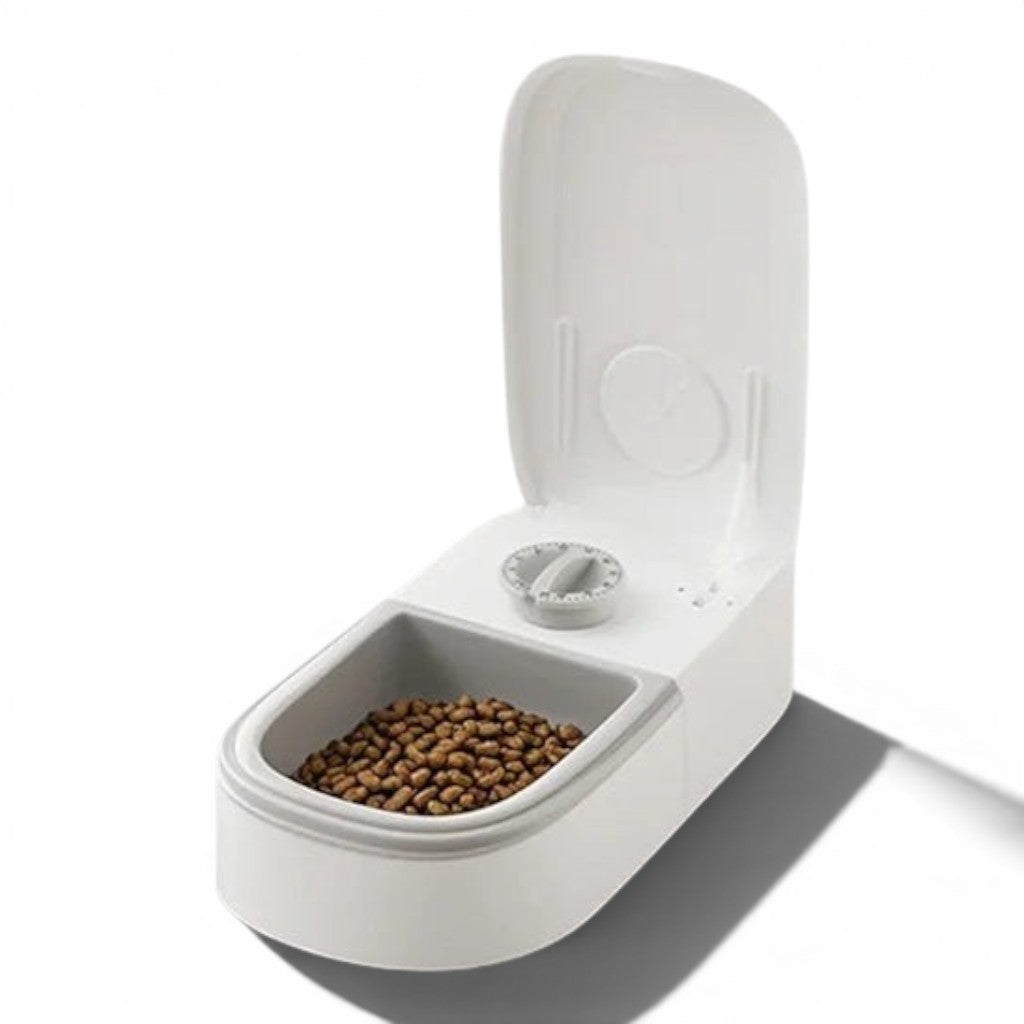 Distributeur de croquettes automatique Esprit Chat en plastique blanc avec minuterie et couvercle relevable
