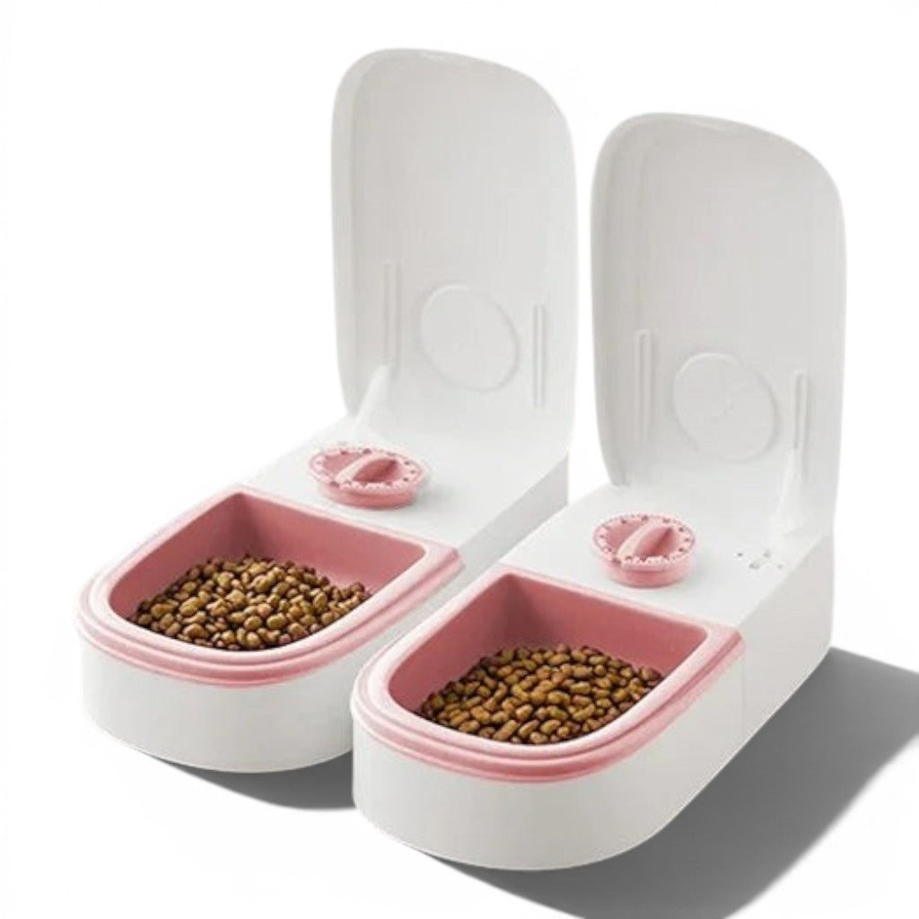 Distributeur de croquettes automatique Esprit Chat en plastique blanc et rose avec couvercle pour chat