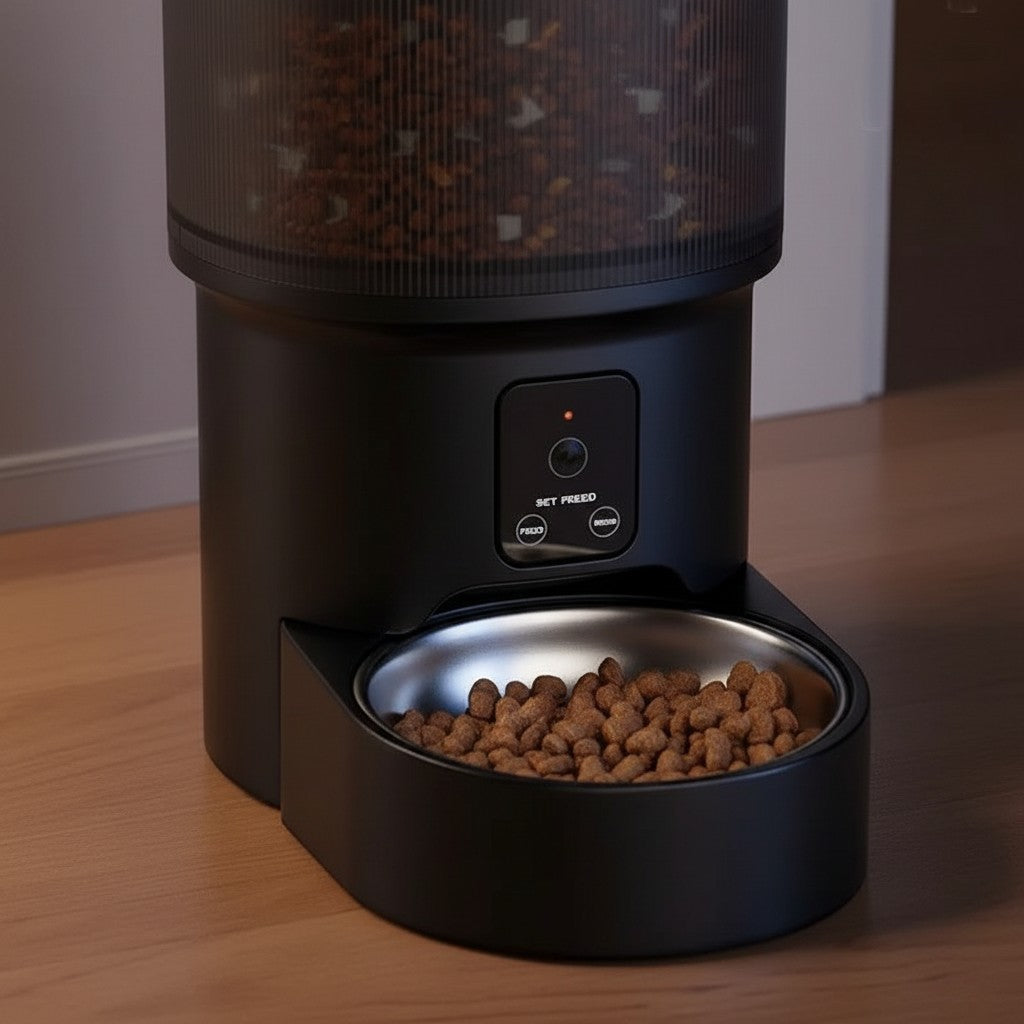 Distributeur automatique de croquettes Esprit Chat noir avec bol en acier inoxydable et écran de programmation LCD
