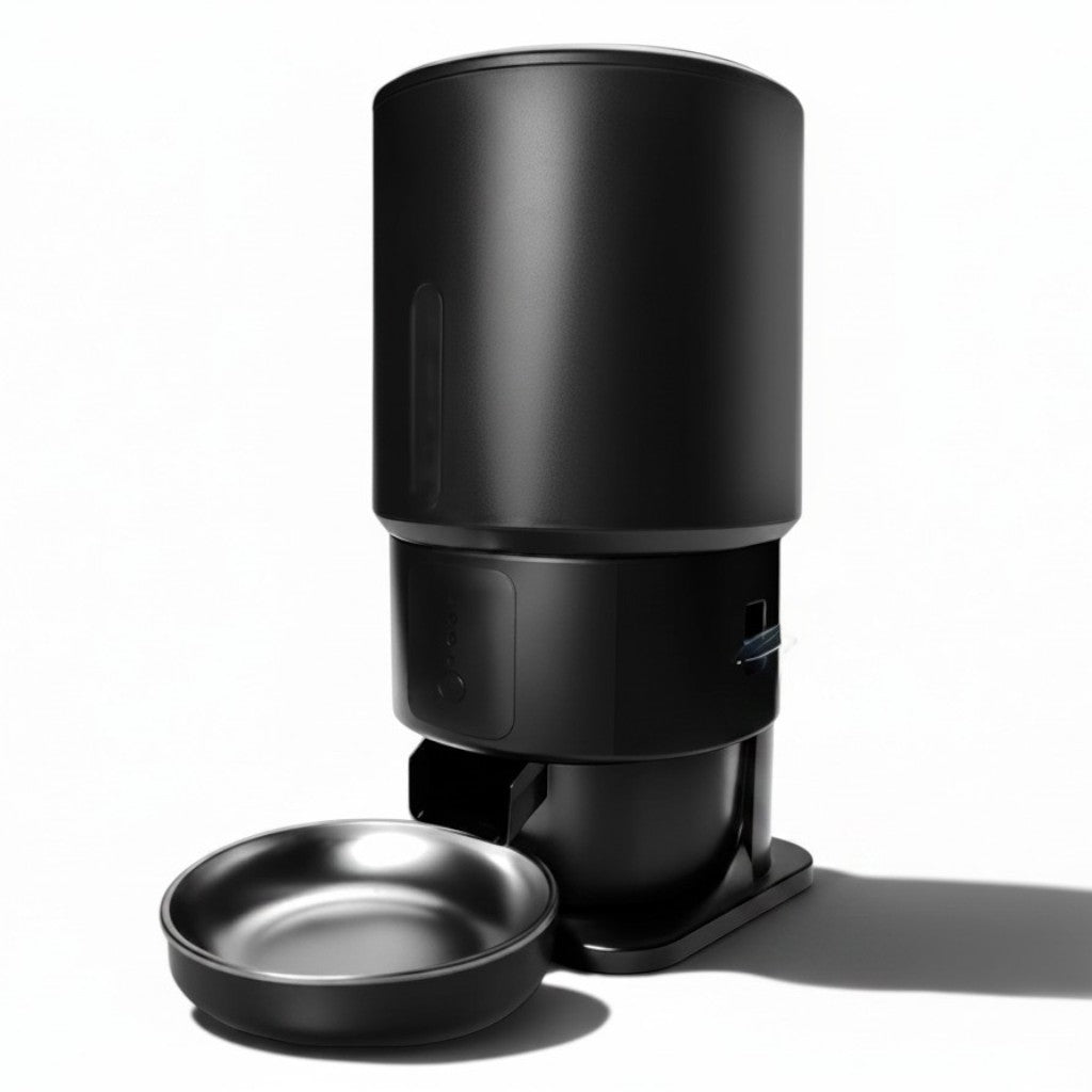 Distributeur automatique de croquettes Esprit Chat noir cylindrique avec bol en acier inoxydable pour chat