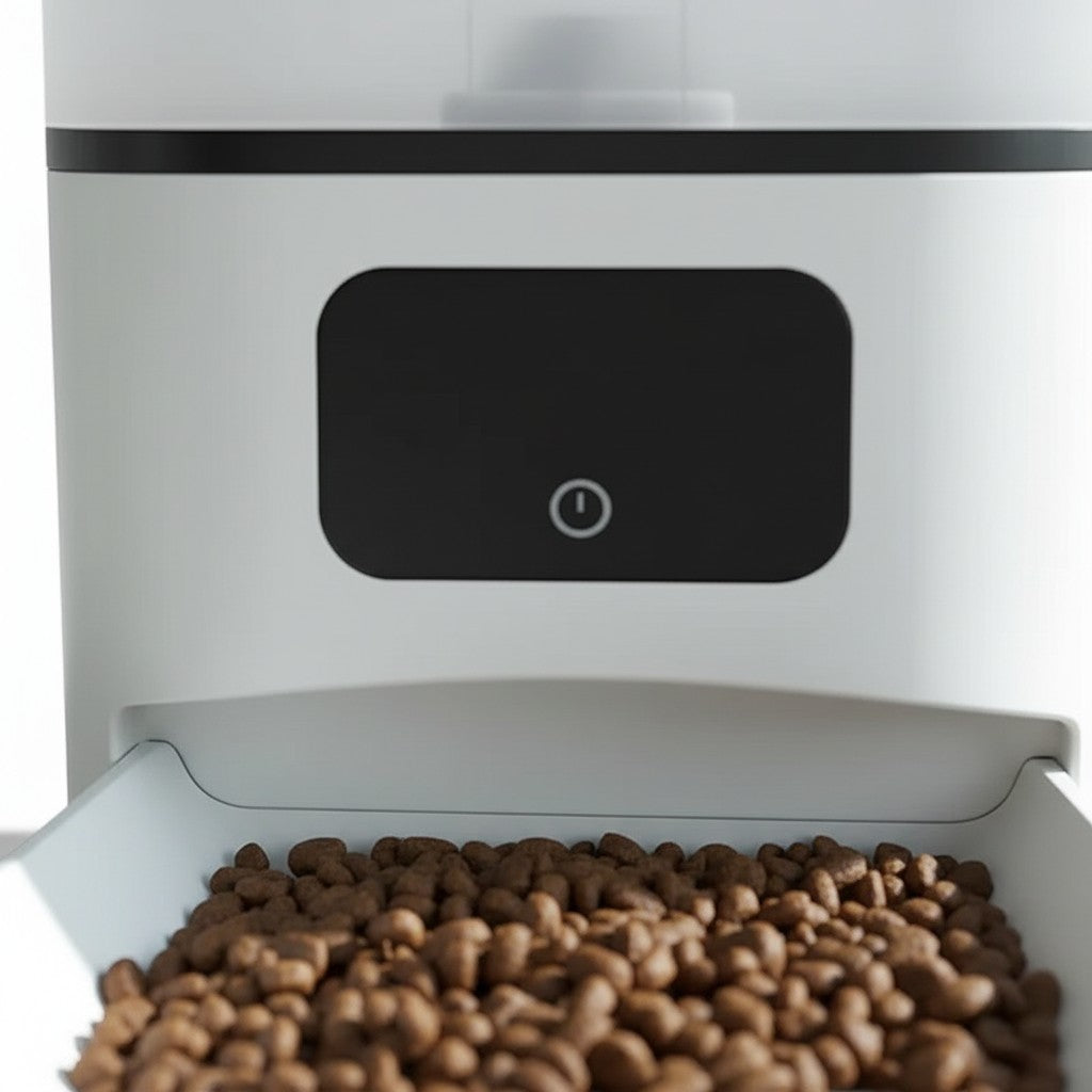 Distributeur de croquettes automatique Esprit Chat blanc avec bol rempli de nourriture pour chat