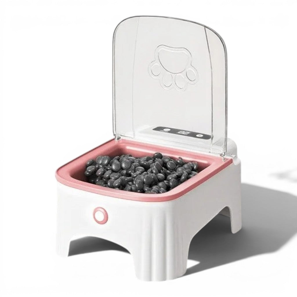 Distributeur de croquettes automatique Esprit Chat en plastique blanc et rose avec couvercle transparent