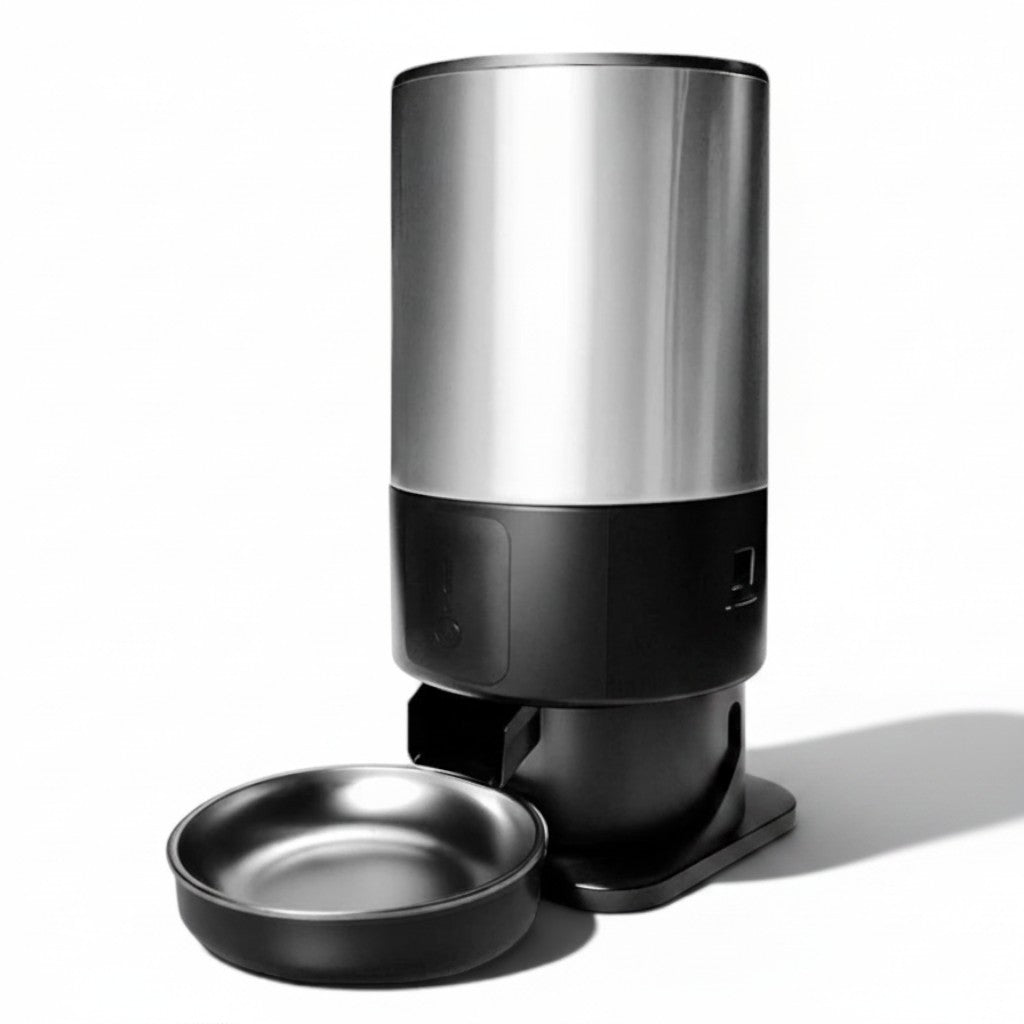 Distributeur automatique de croquettes Esprit Chat cylindrique en acier inoxydable avec bol amovible