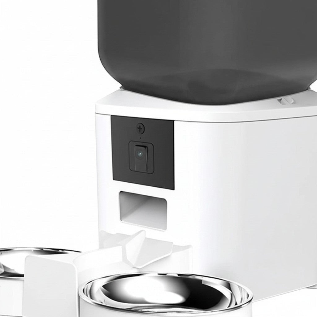 Distributeur automatique de croquettes Esprit Chat avec deux gamelles en acier inoxydable et caméra intégrée
