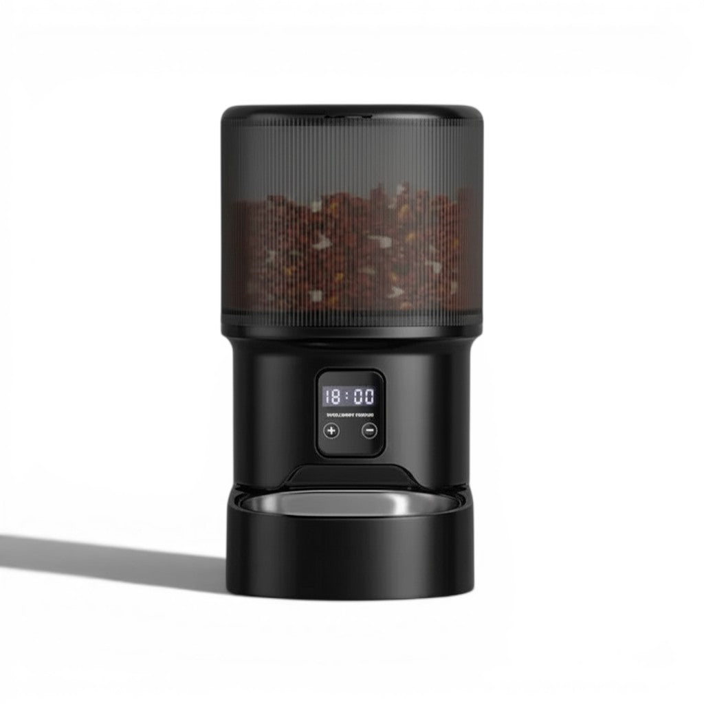 Distributeur automatique de croquettes Esprit Chat noir avec écran LCD et réservoir cylindrique pour chat