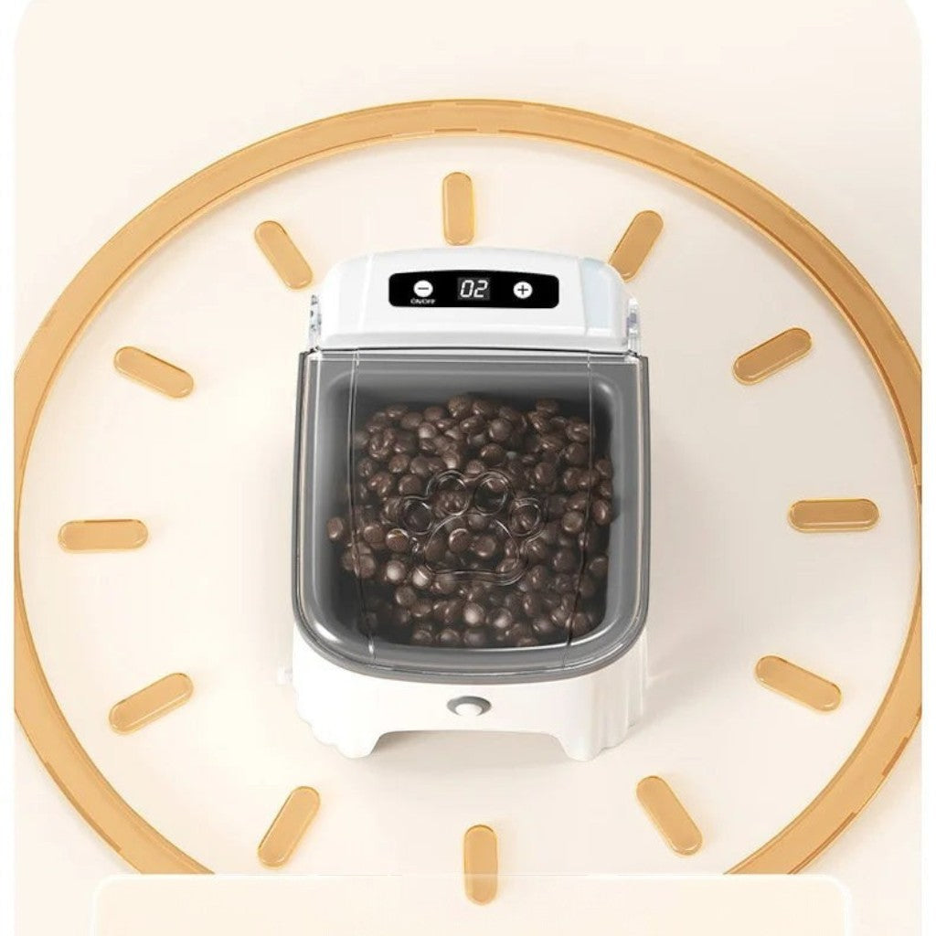 Distributeur automatique de croquettes Esprit Chat en plastique blanc avec couvercle transparent et écran digital