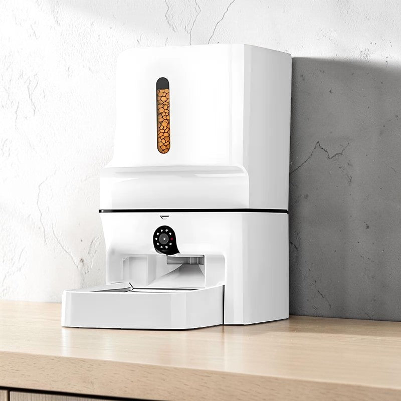 Distributeur automatique de croquettes Esprit Chat blanc en plastique avec fenêtre de niveau et programmateur