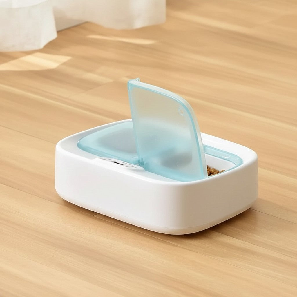 Distributeur de croquettes programmable Esprit Chat en ABS blanc avec couvercle bleu translucide sur sol en bois