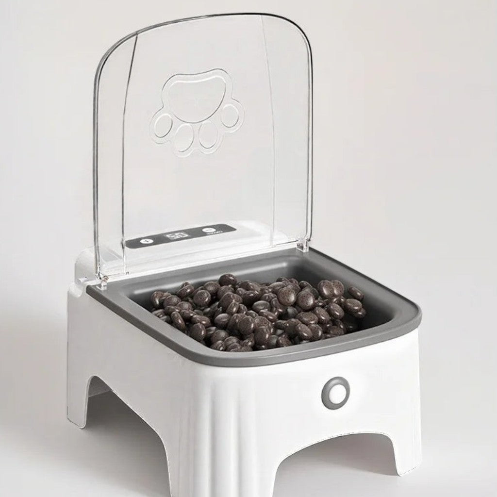 Distributeur de croquettes automatique Esprit Chat en plastique blanc avec couvercle transparent et motif patte