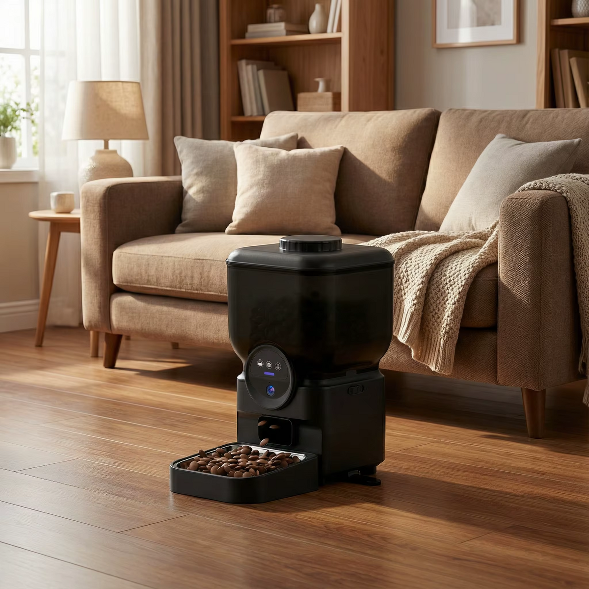 Distributeur automatique de croquettes Esprit Chat noir avec bol en métal dans un salon chaleureux