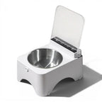 Distributeur de croquettes Esprit Chat blanc en plastique avec bol en acier inoxydable et couvercle transparent