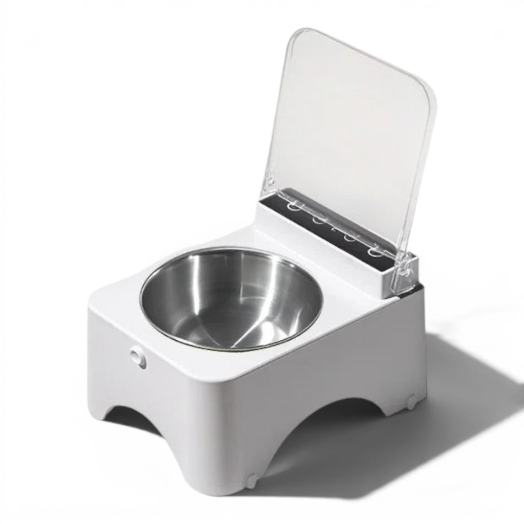 Distributeur de croquettes Esprit Chat blanc en plastique avec bol en acier inoxydable et couvercle transparent